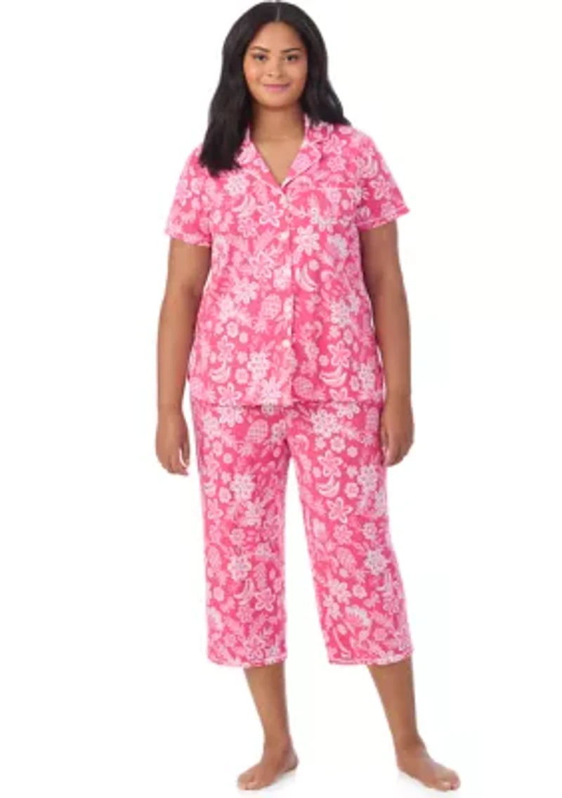 Plus Short Sleeve Notch Collar Cropped PJ Set
