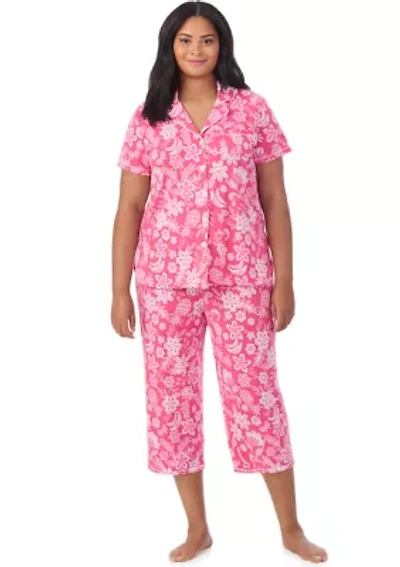 Plus Short Sleeve Notch Collar Cropped PJ Set