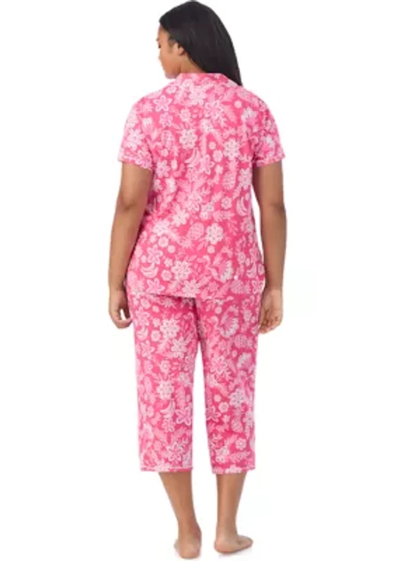 Plus Short Sleeve Notch Collar Cropped PJ Set