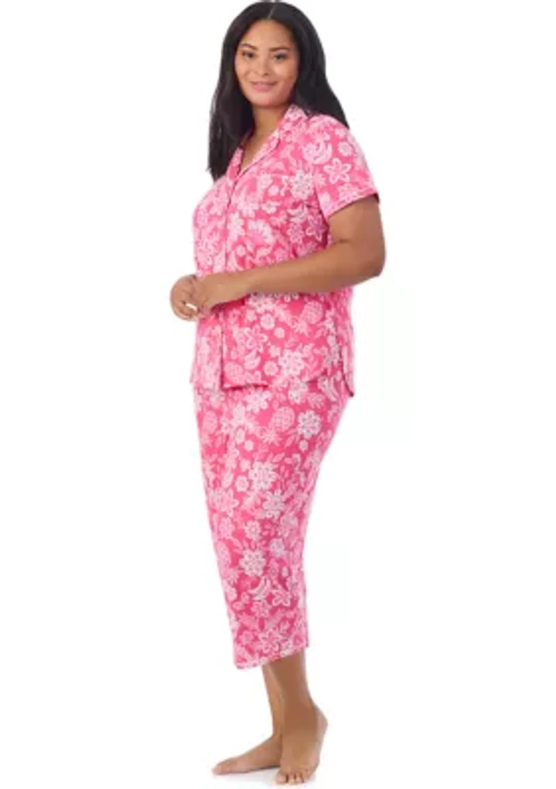 Plus Short Sleeve Notch Collar Cropped PJ Set