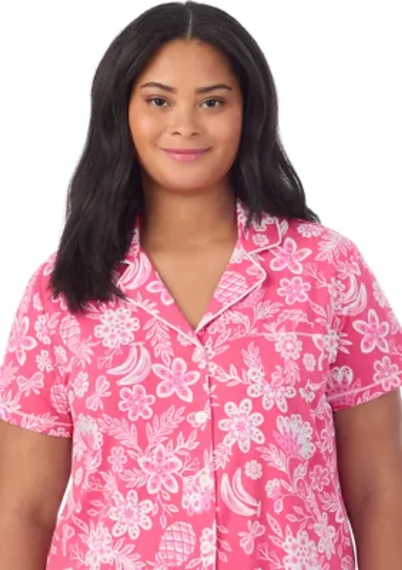 Plus Short Sleeve Notch Collar Cropped PJ Set