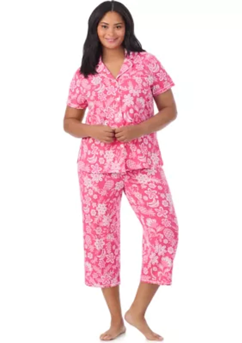 Plus Short Sleeve Notch Collar Cropped PJ Set