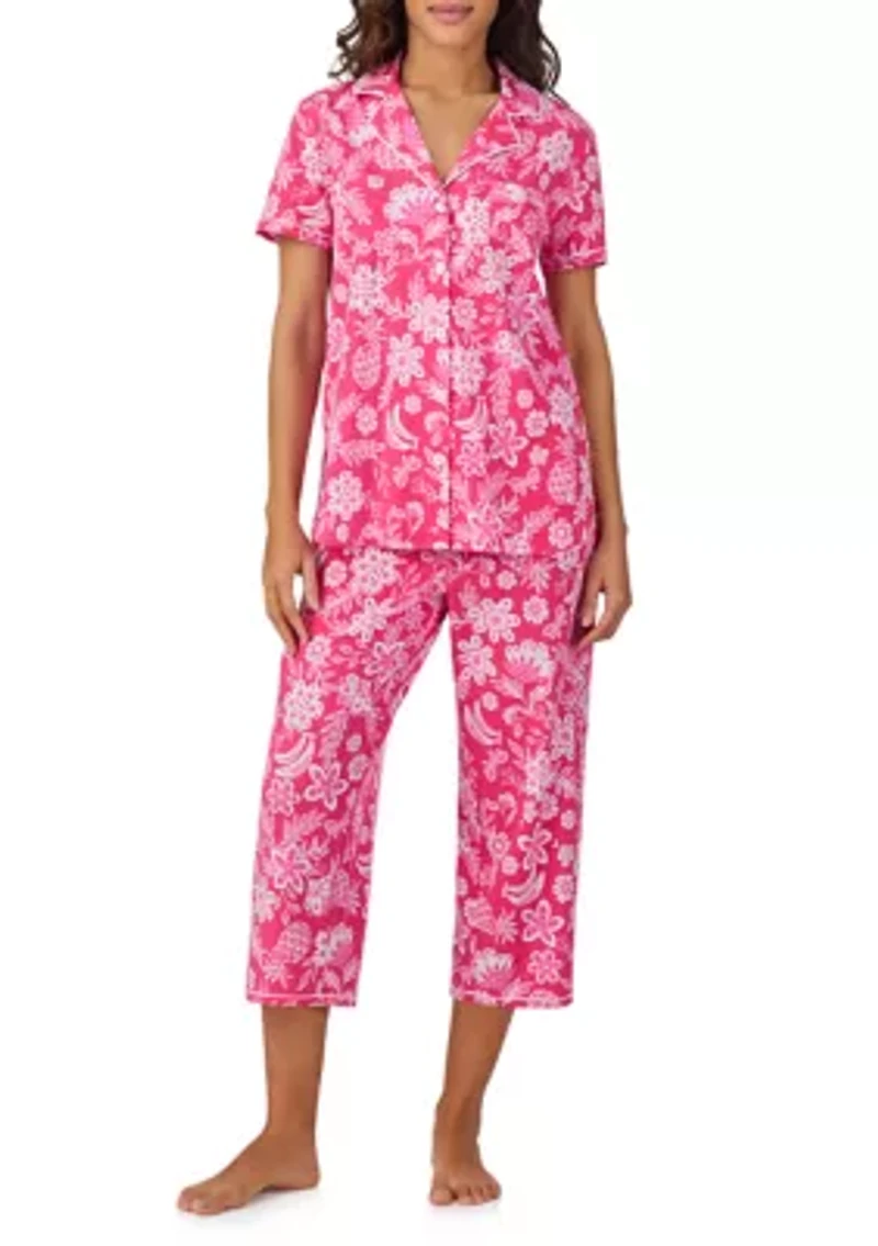 Short Sleeve Notch Collar Cropped Pajama Set