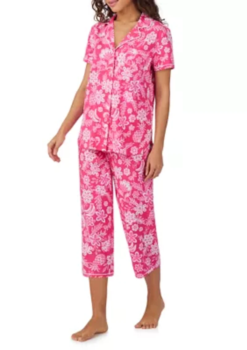 Short Sleeve Notch Collar Cropped Pajama Set