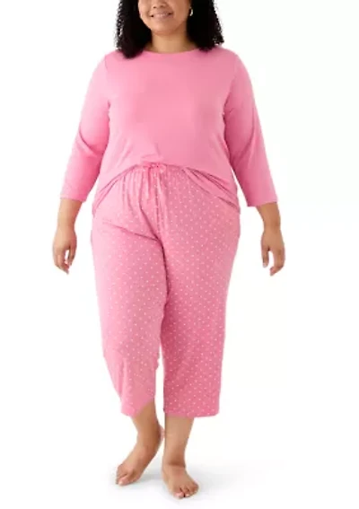 Plus 3/4 Sleeve Crew Neck Capri Pajama Set