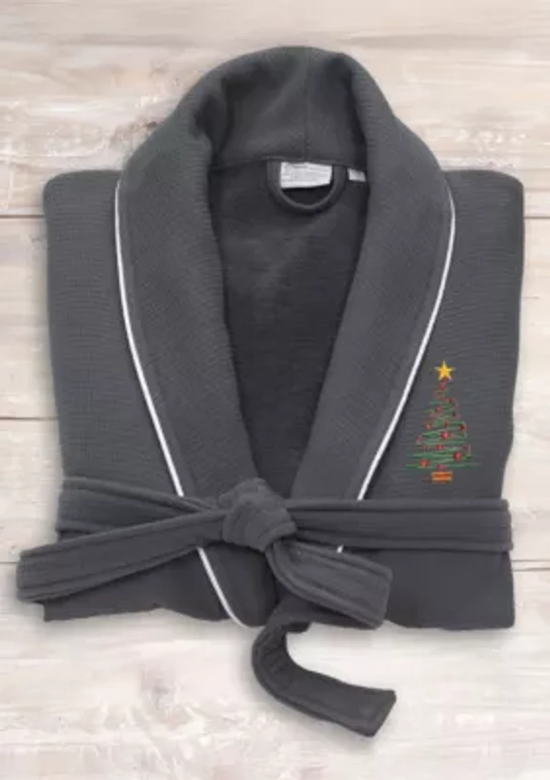 Unisex Waffle Terry Bathrobe Embroidered with Christmas Tree Design