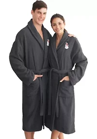 Unisex Herringbone Bathrobe Embroidered with Snowman Design