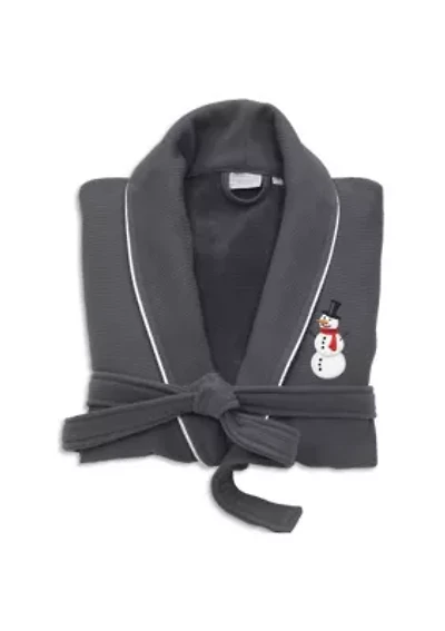 Unisex Waffle Terry Bathrobe Embroidered with Snowman Design