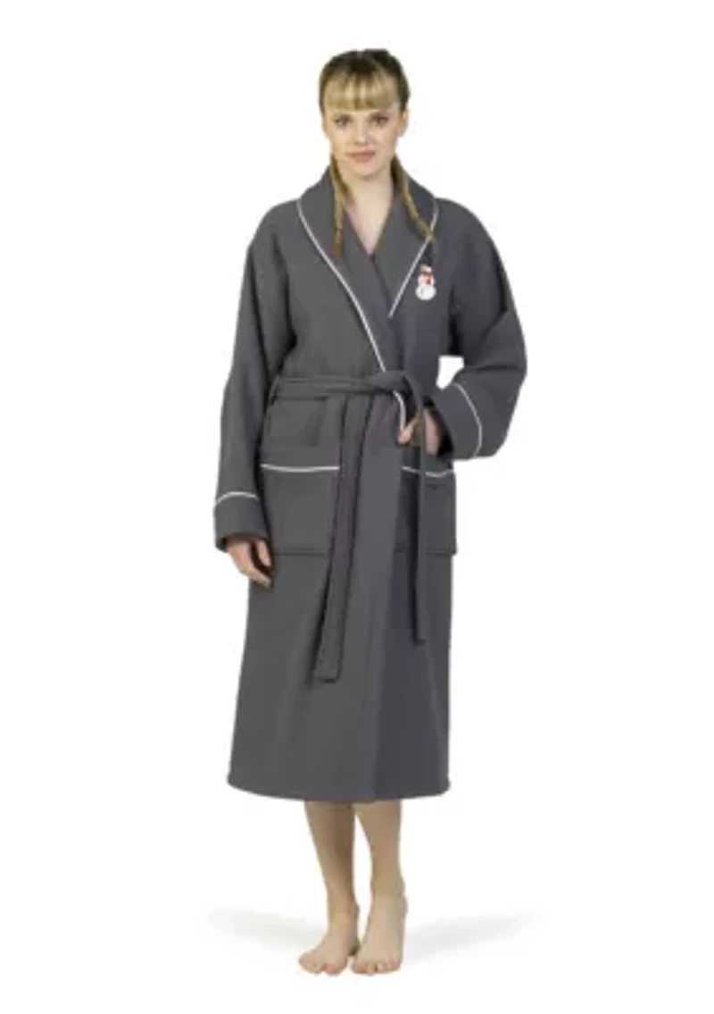 Unisex Waffle Terry Bathrobe Embroidered with Snowman Design