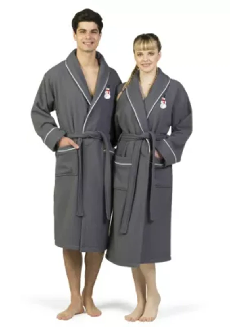 Unisex Waffle Terry Bathrobe Embroidered with Snowman Design