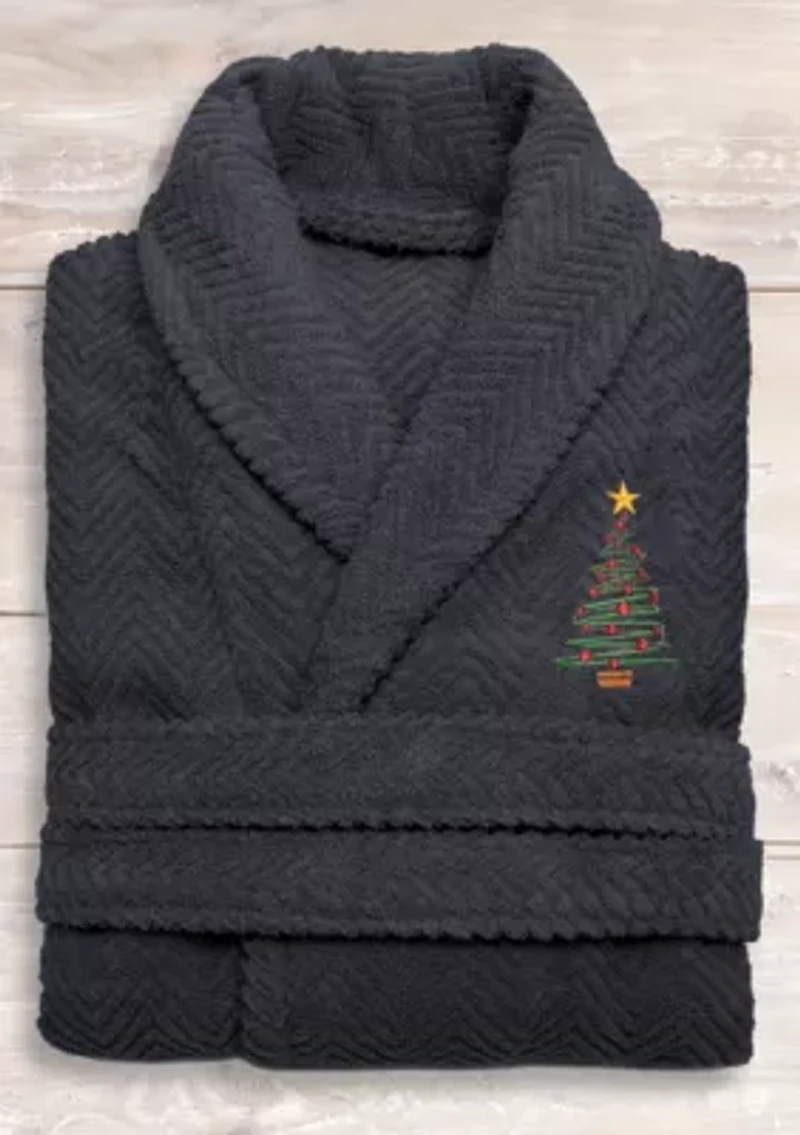 Unisex Herringbone Bathrobe Embroidered with Christmas Tree Design