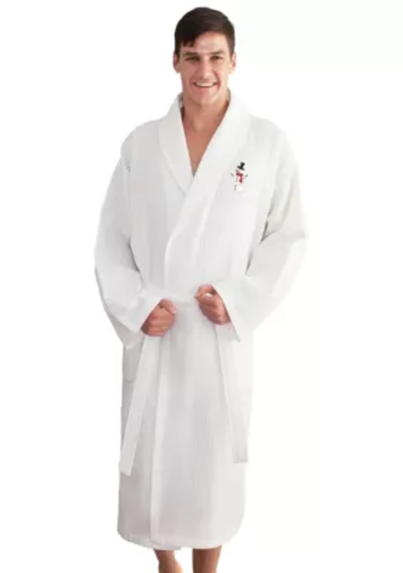 Unisex Waffle Weave Bathrobe Embroidered with Snowman Design