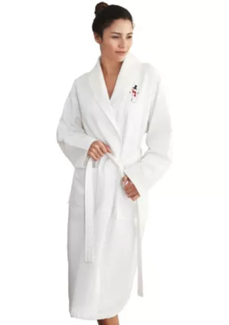 Unisex Waffle Weave Bathrobe Embroidered with Snowman Design