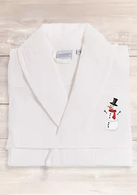 Unisex Waffle Weave Bathrobe Embroidered with Snowman Design