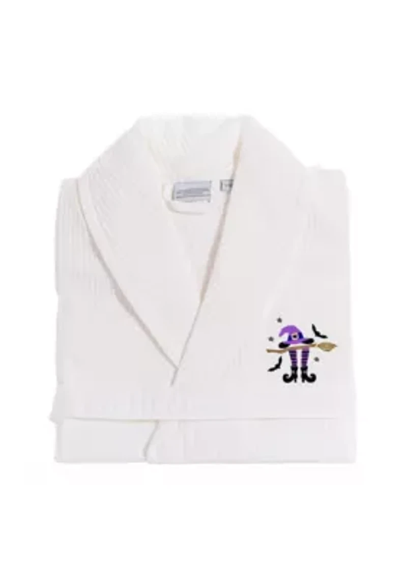 Unisex Waffle Weave Bathrobe Embroidered with Hat-Broom-Legs Design
