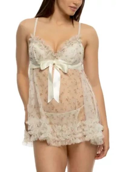 Veil Luxe Printed Tulle Ruffle Babydoll & Mesh G-String Lingerie Set