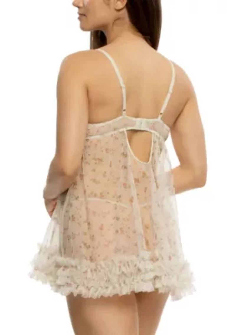 Veil Luxe Printed Tulle Ruffle Babydoll & Mesh G-String Lingerie Set