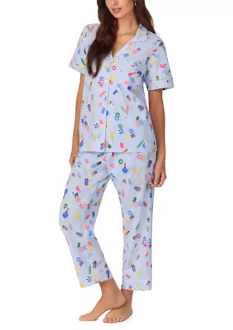 Women's Cotton Knit Short Sleeve Cropped Pajama Set