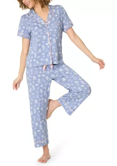 Women's Short Sleeve Notch Collar Cropped Pants Pajama Set