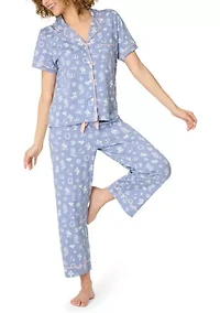 Women's Short Sleeve Notch Collar Cropped Pants Pajama Set