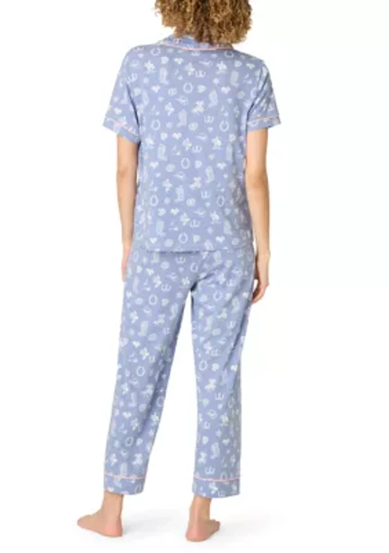 Women's Short Sleeve Notch Collar Cropped Pants Pajama Set