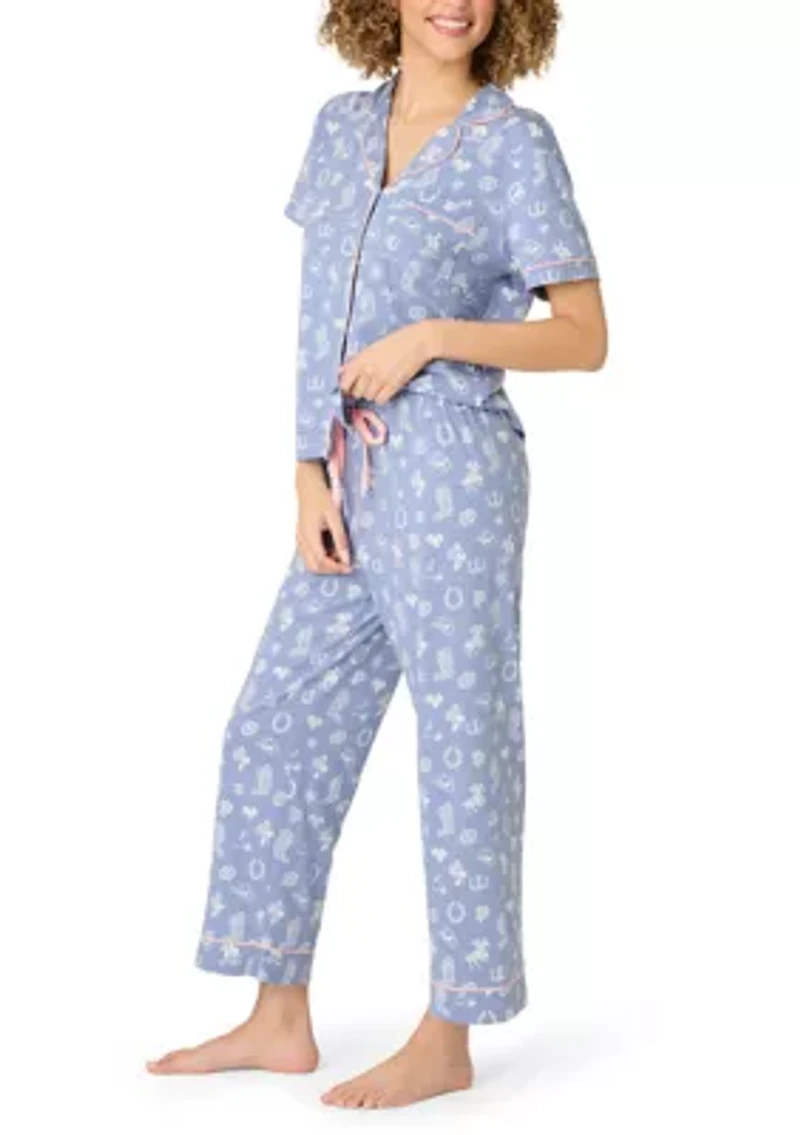 Women's Short Sleeve Notch Collar Cropped Pants Pajama Set