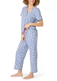 Women's Short Sleeve Notch Collar Cropped Pants Pajama Set