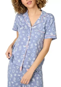 Women's Short Sleeve Notch Collar Cropped Pants Pajama Set