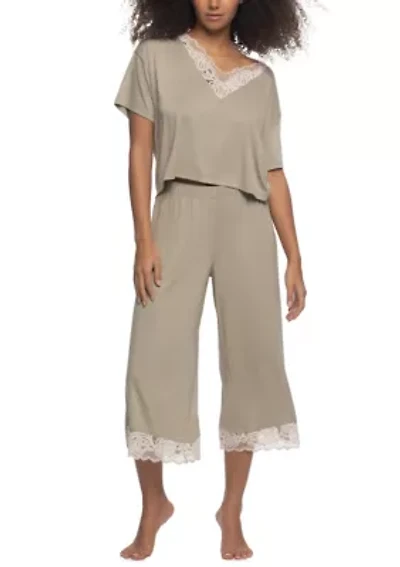 Amelie Vintage Lace Trimmed Crop Tee and Pant set