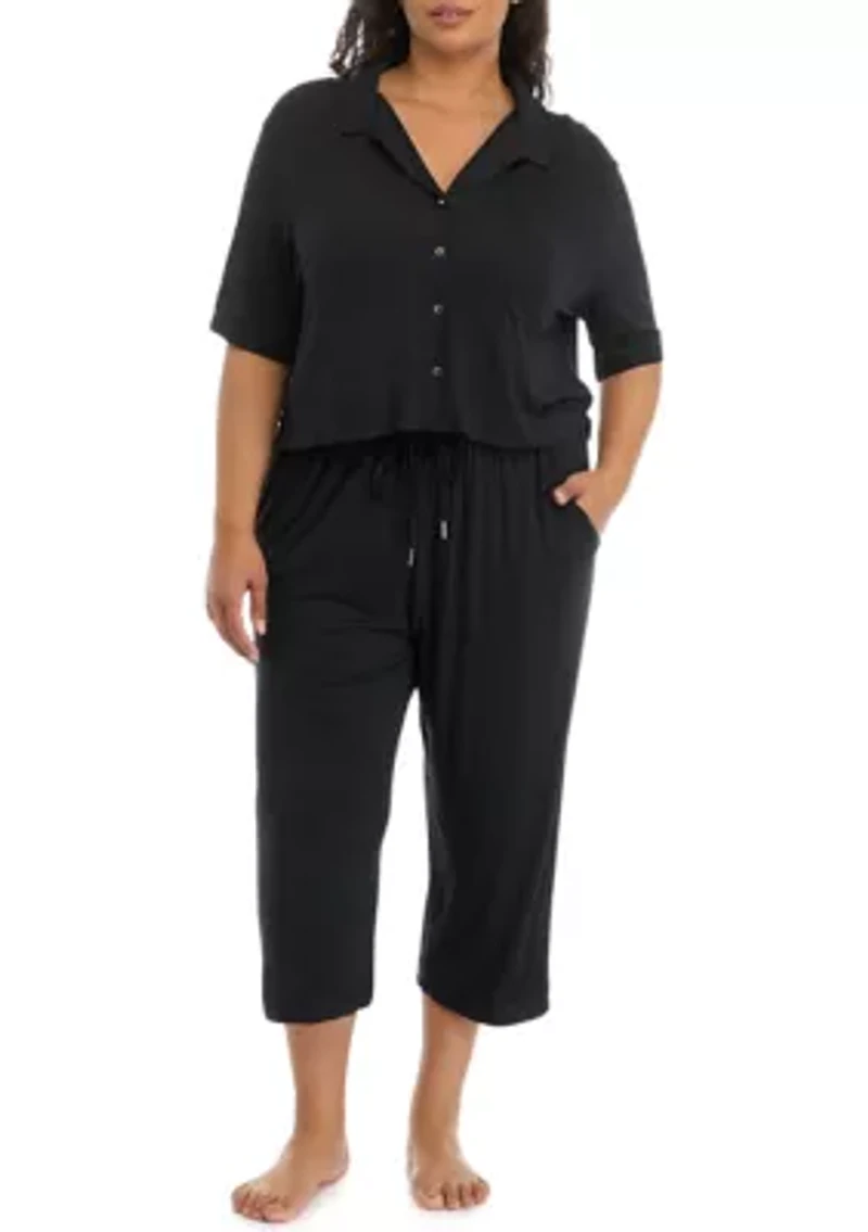 Plus Modern Button Down Shirt and Pants Pajama Set