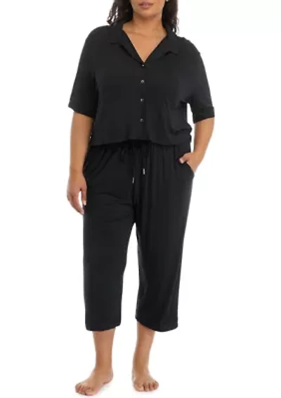 Plus Modern Button Down Shirt and Pants Pajama Set