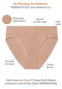 Women's No Pinching, Problem Dig-Free High Waist Ribbed Hi-Cut Panty