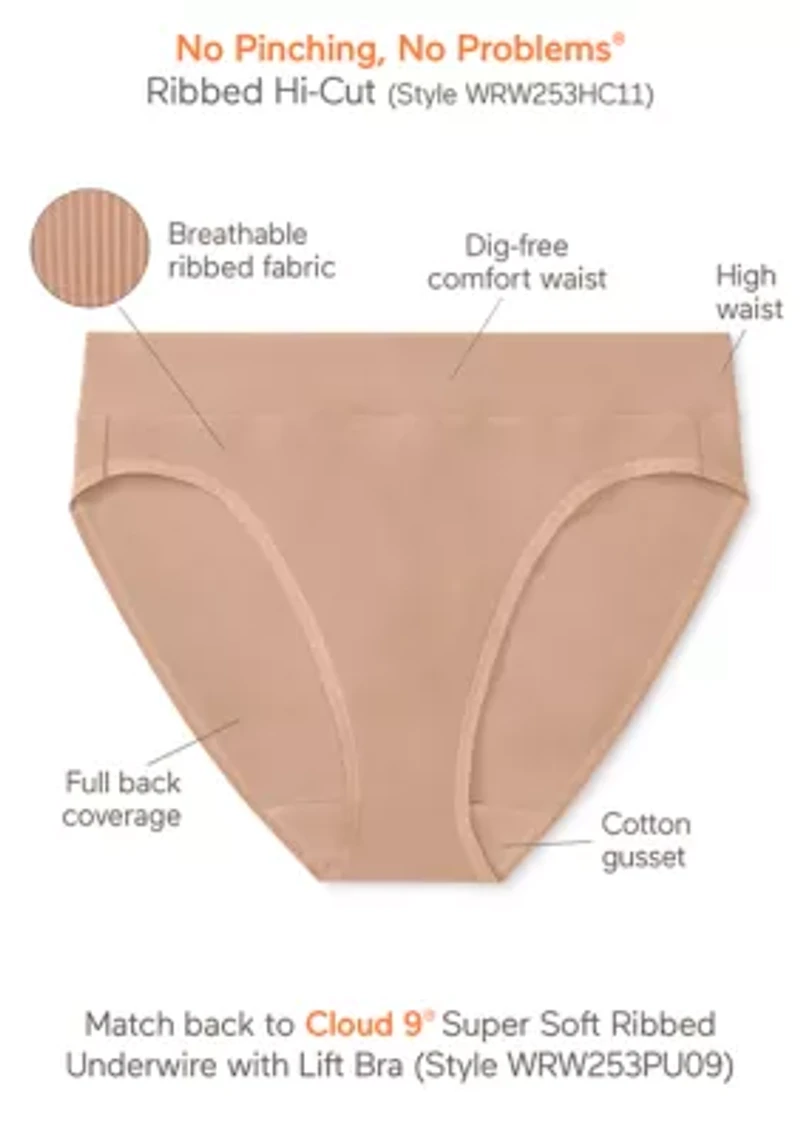 Women's No Pinching, Problem Dig-Free High Waist Ribbed Hi-Cut Panty