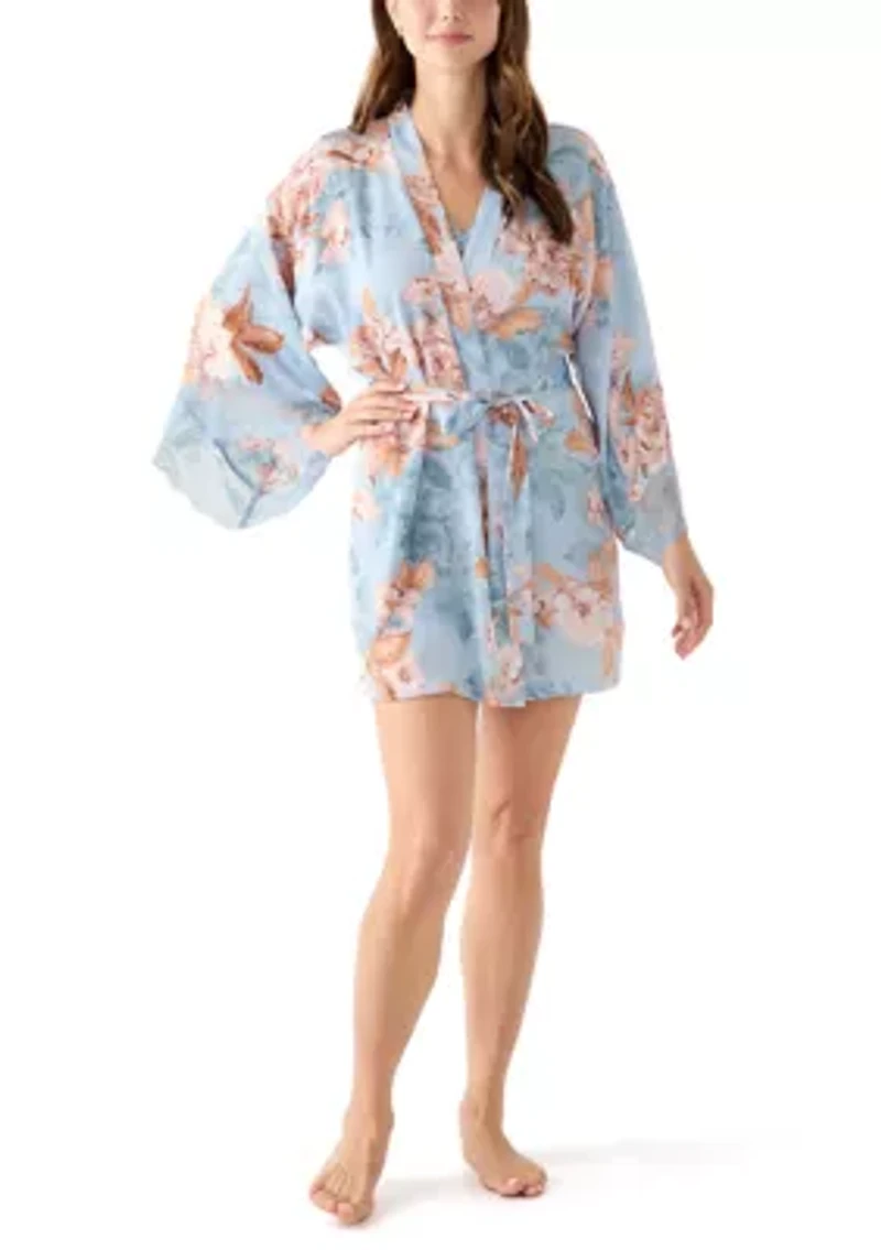 Carlie Floral Lace Trim Satin Wrapper Robe