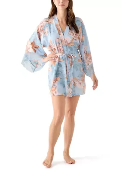Carlie Floral Lace Trim Satin Wrapper Robe