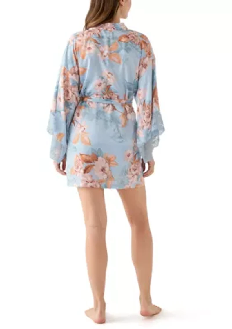 Carlie Floral Lace Trim Satin Wrapper Robe
