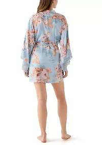 Carlie Floral Lace Trim Satin Wrapper Robe