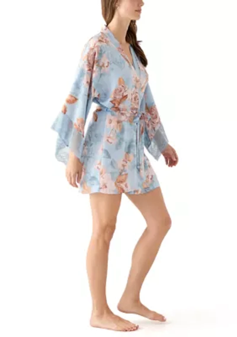 Carlie Floral Lace Trim Satin Wrapper Robe