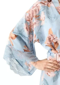 Carlie Floral Lace Trim Satin Wrapper Robe
