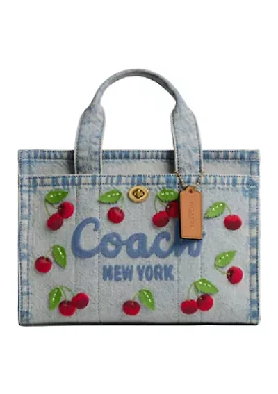 Cherry Embroidered Denim Cargo Tote Bag