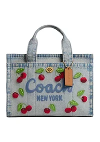 Cherry Embroidered Denim Cargo Tote Bag