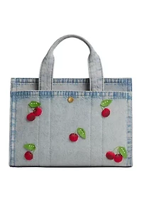 Cherry Embroidered Denim Cargo Tote Bag