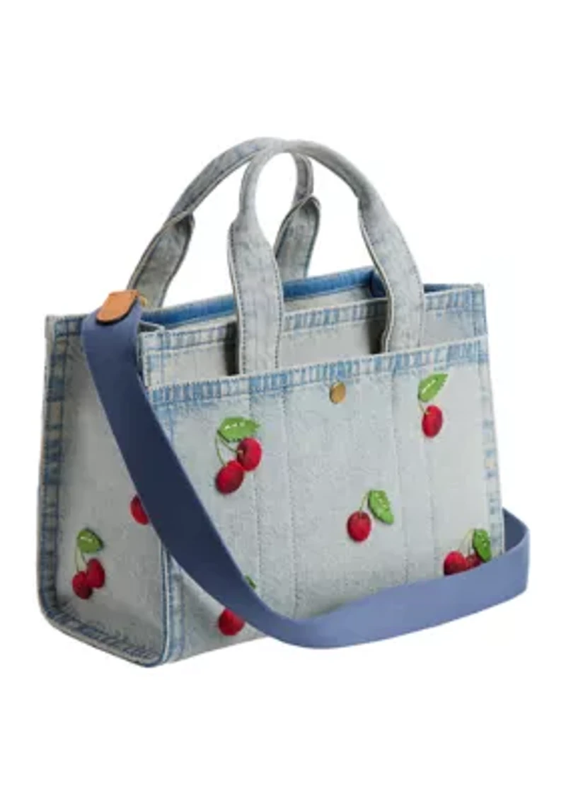 Cherry Embroidered Denim Cargo Tote Bag