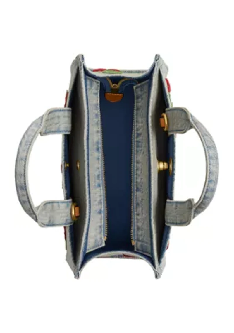 Cherry Embroidered Denim Cargo Tote Bag