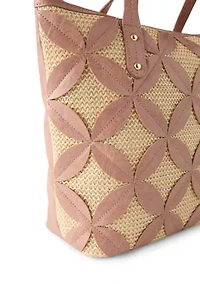 Straw Applique Double Top Handle Tote