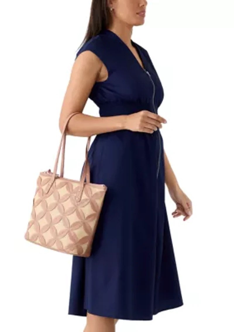 Straw Applique Double Top Handle Tote