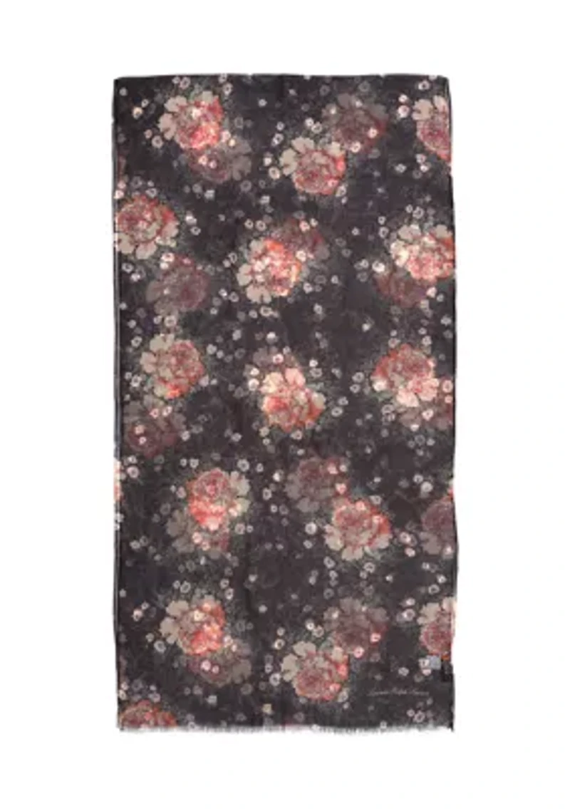 Rose Floral Oblong Scarf with Tiered Ruffles 