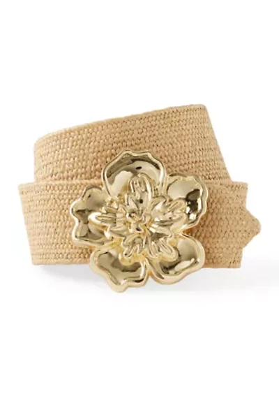 Raffia Stretch Belt with Flower Buckle