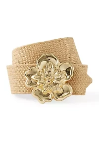 Raffia Stretch Belt with Flower Buckle