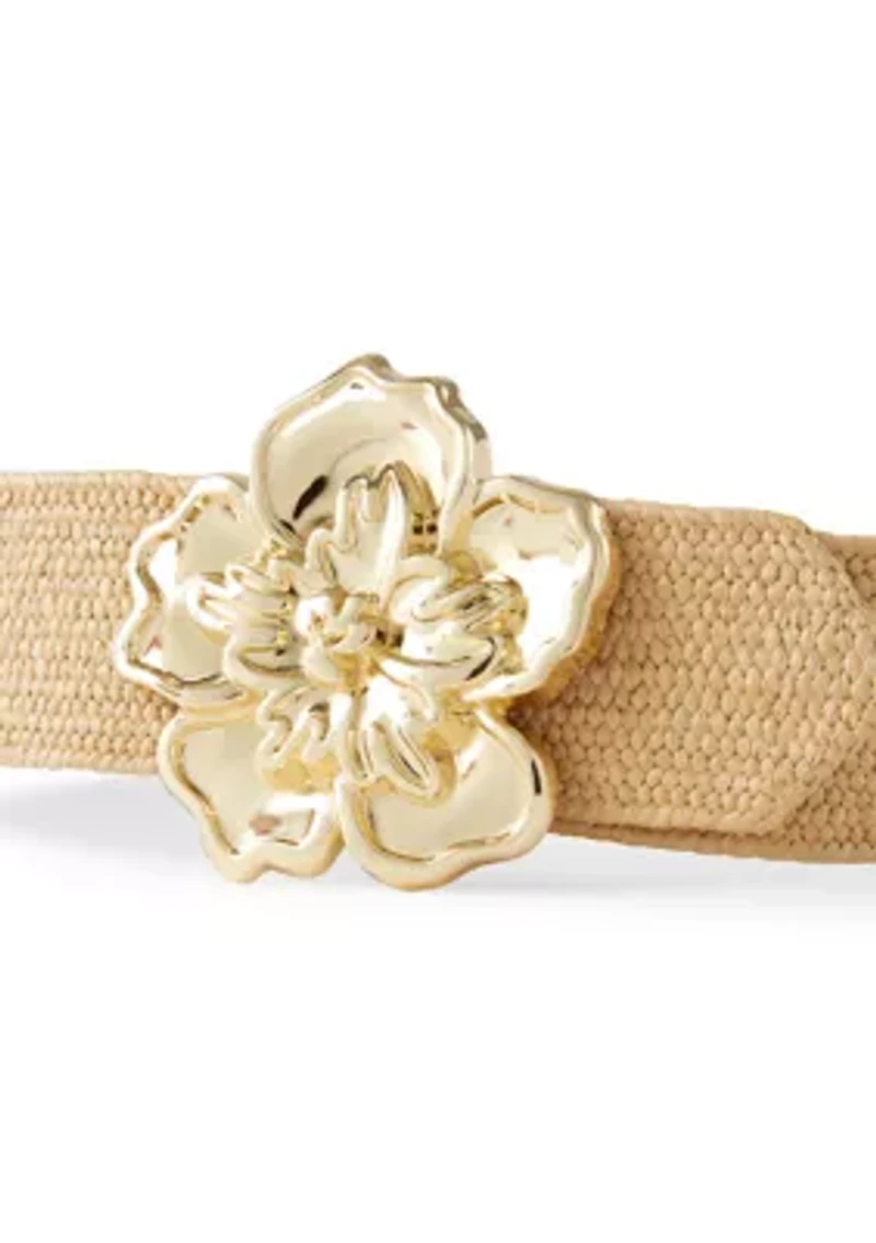Raffia Stretch Belt with Flower Buckle